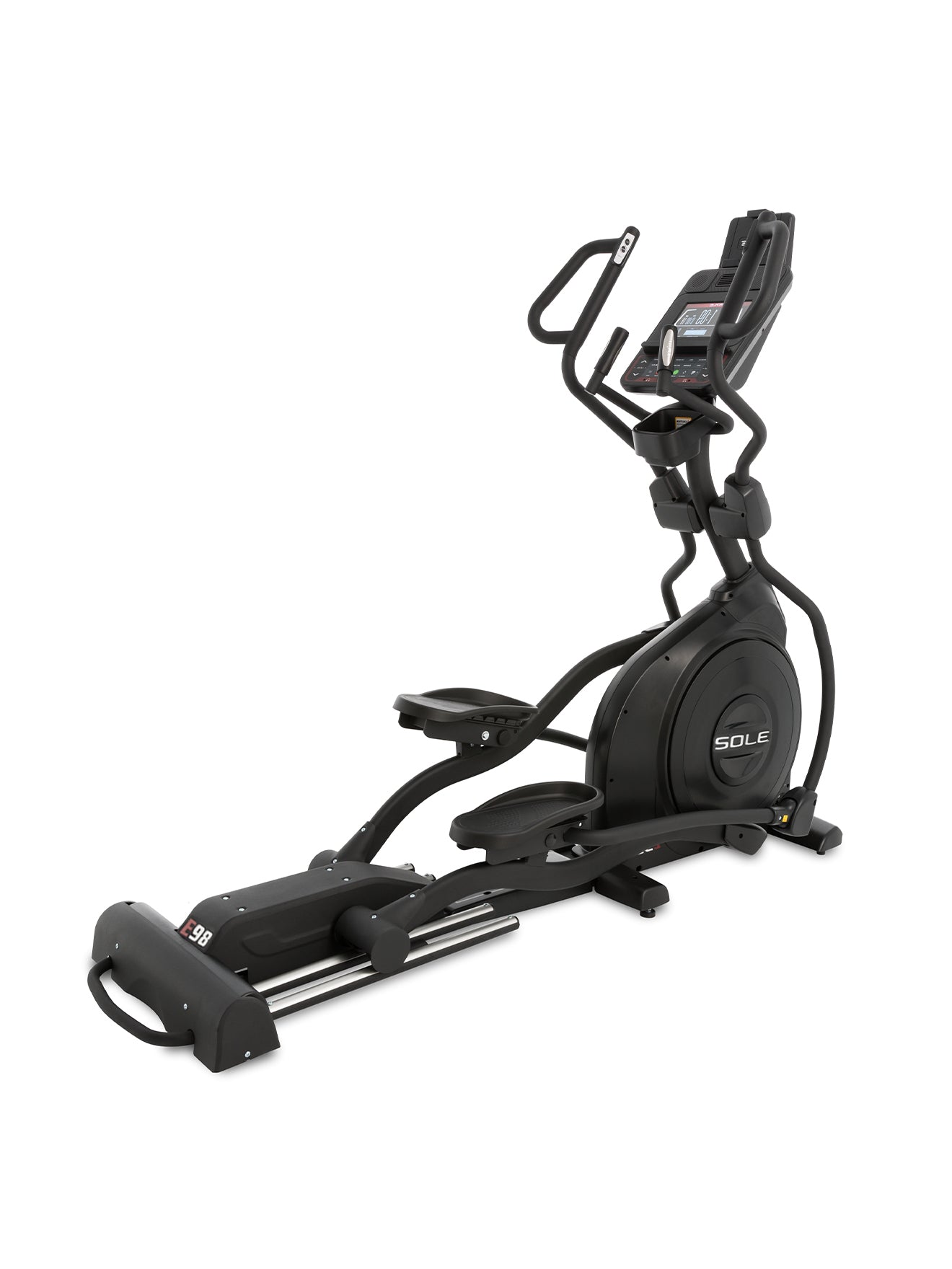 SOLE Fitness E98 Elliptical Cross Trainer with 10.1" Display, showing the machine with black and gray colors, cushioned foot pedals, multi-grip handlebars, and a mounted display screen.