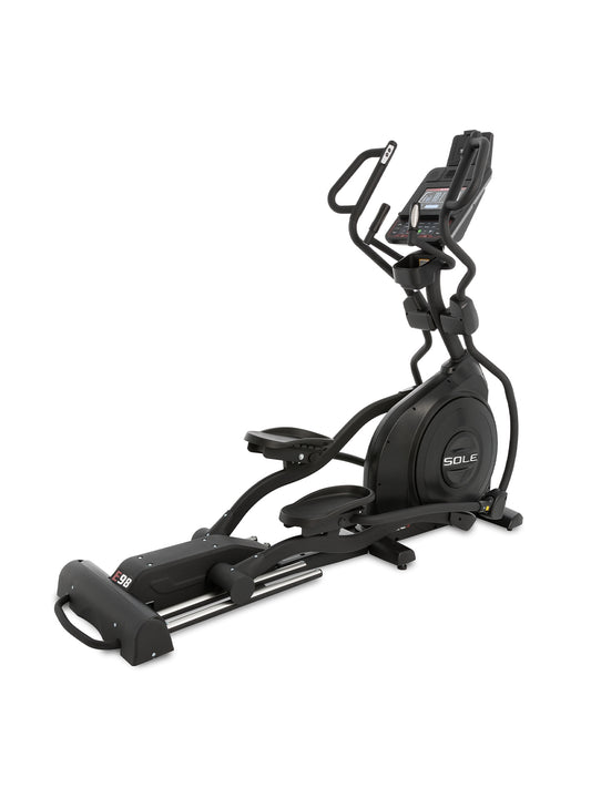 SOLE Fitness E98 Elliptical Cross Trainer with 10.1" Display, showing the machine with black and gray colors, cushioned foot pedals, multi-grip handlebars, and a mounted display screen.