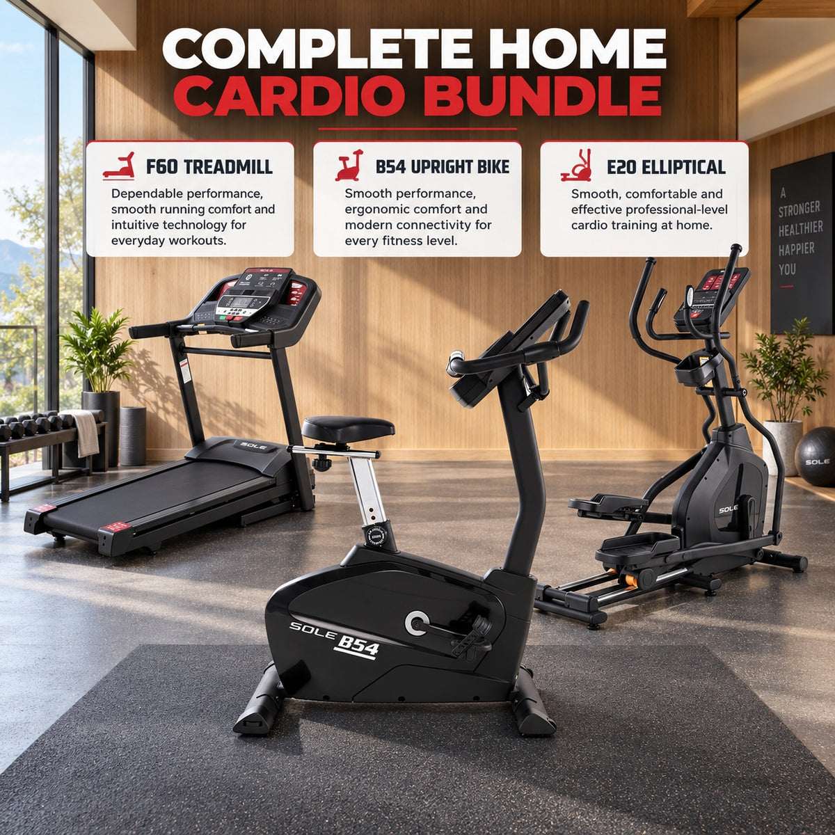 Sole Fitness F60 Treadmill + E20 Elliptical + B54 Upright Bike Bundle
