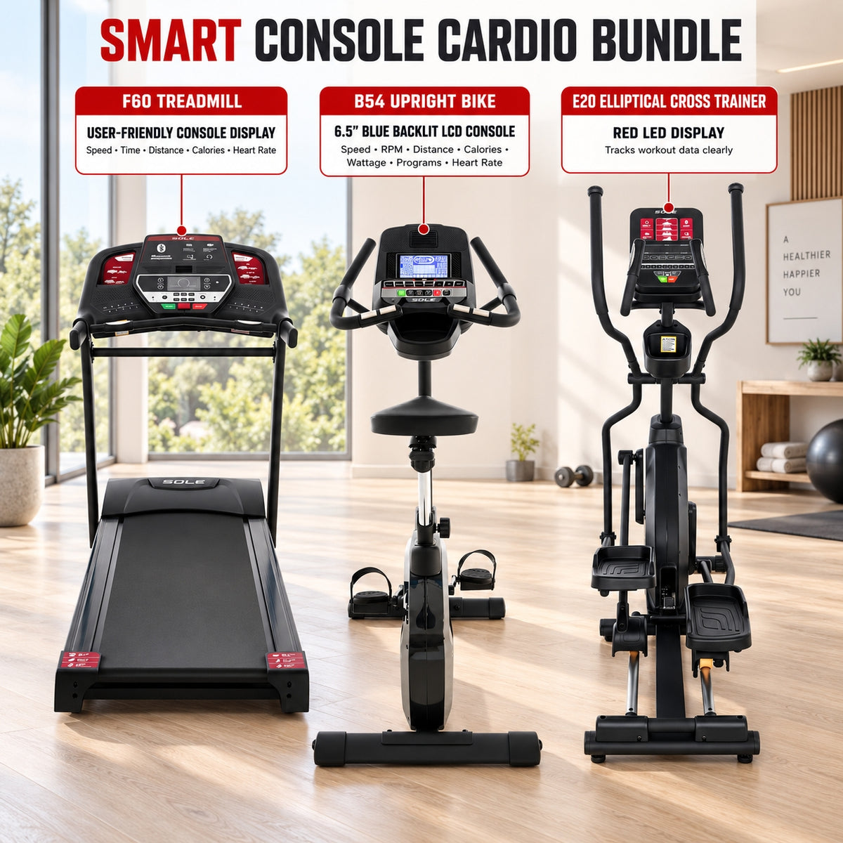 Sole Fitness F60 Treadmill + E20 Elliptical + B54 Upright Bike Bundle