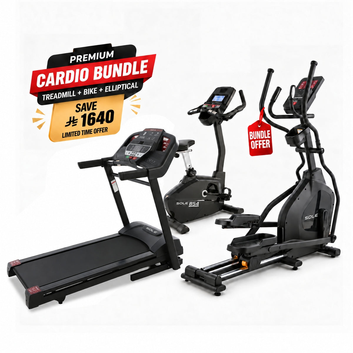Sole Fitness F60 Treadmill + E20 Elliptical + B54 Upright Bike Bundle