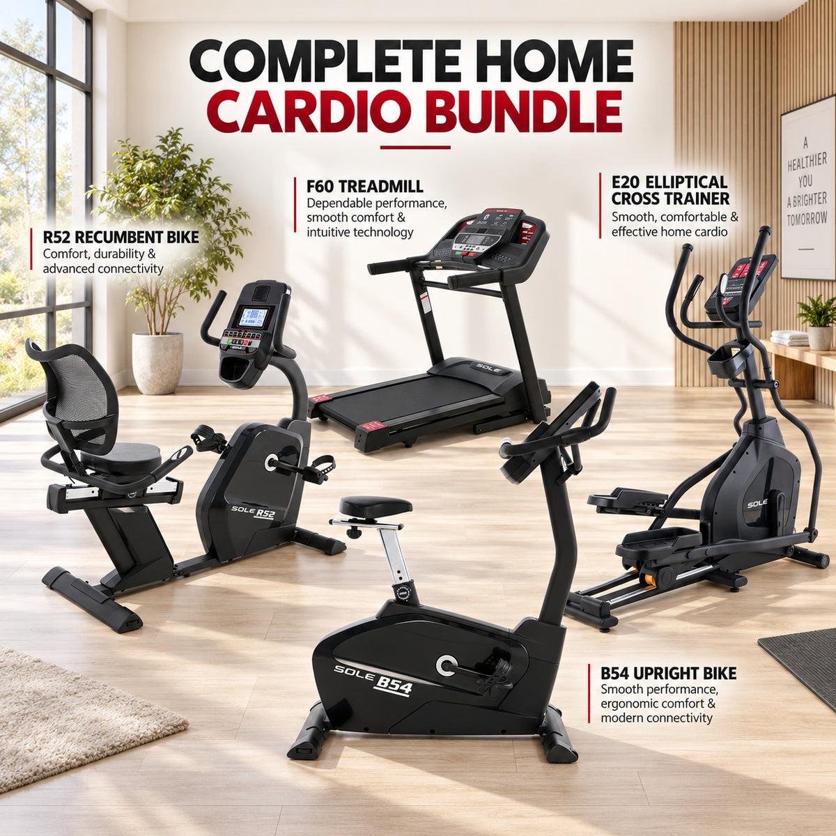 Sole Fitness F60 Treadmill + E20 Elliptical + B54 Upright Bike + R52 Recumbent Bike Bundle