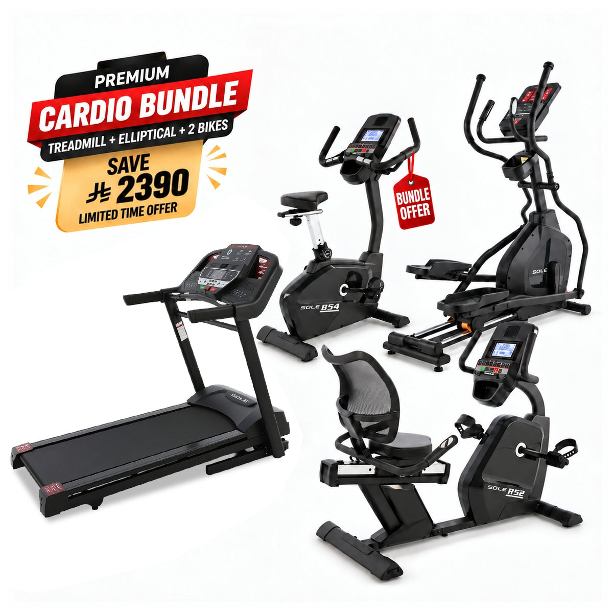 Sole Fitness F60 Treadmill + E20 Elliptical + B54 Upright Bike + R52 Recumbent Bike Bundle