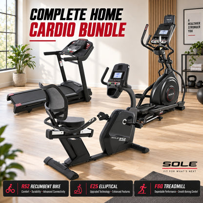 Sole Fitness F60 Treadmill + E25 Elliptical + R52 Recumbent Bike Bundle